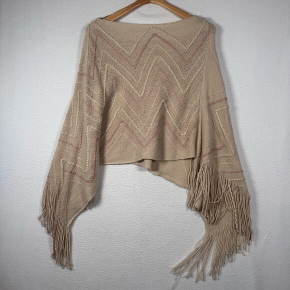 Karma Cream & Peach Textured Knit Poncho Pullover Fringe Boho Hippie Festival - Picture 1 of 7